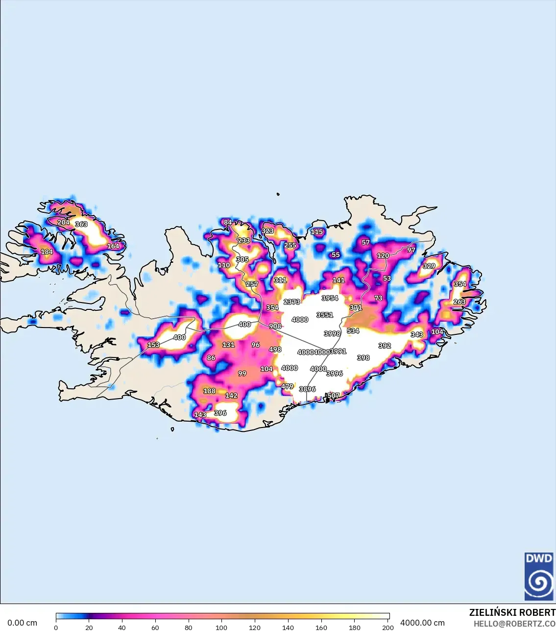 ICON modelo - Islândia, Profundidade da neve