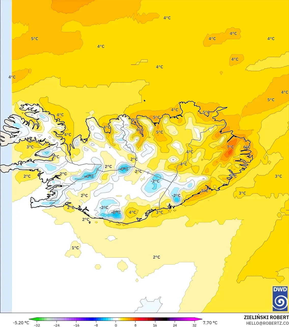 ICON modelo - Islândia, Anomalia de temperatura a 2 m
