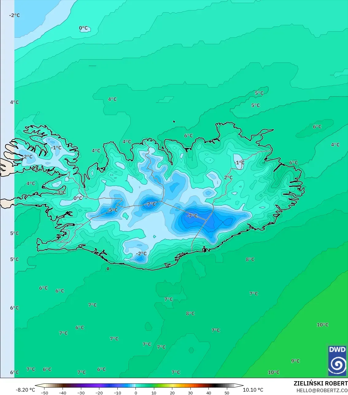ICON modelo - Islândia, Temperatura a 2 m