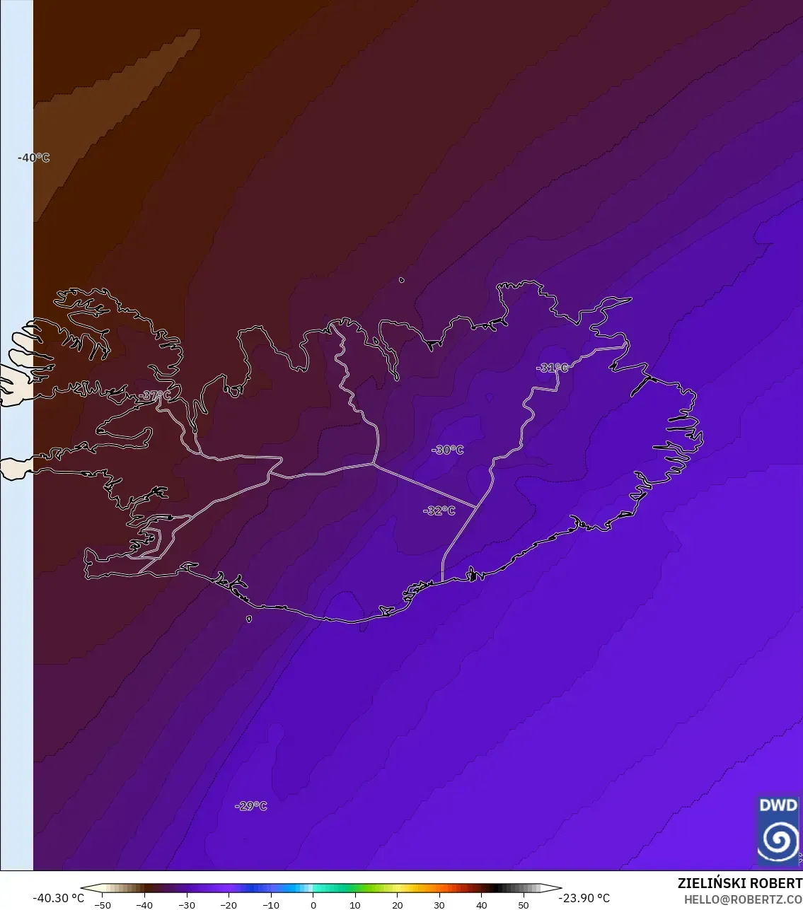 ICON modelo - Islândia, Temperatura a 500 hPa