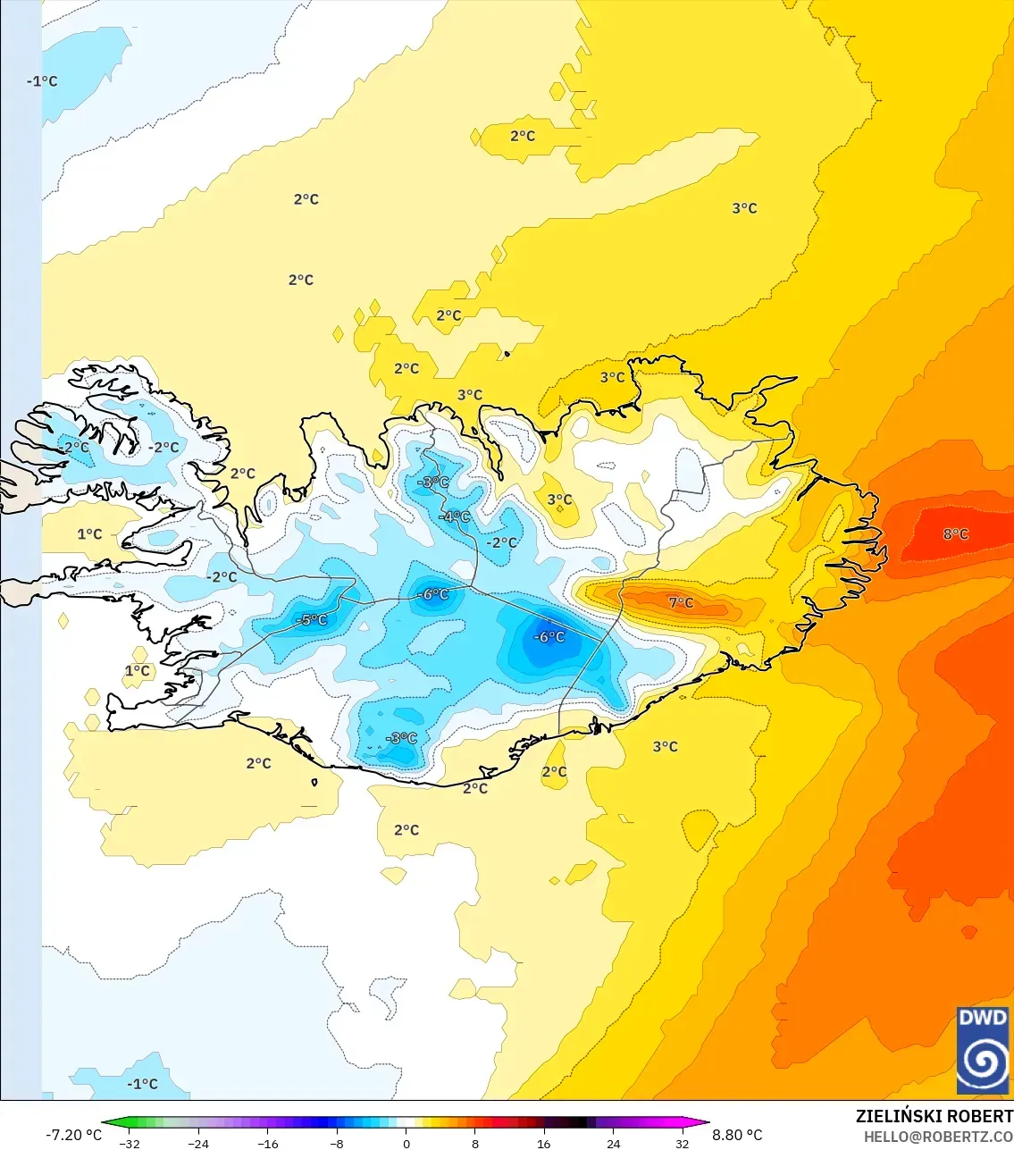 ICON modelo - Islândia, Anomalia de temperatura a 850 hPa