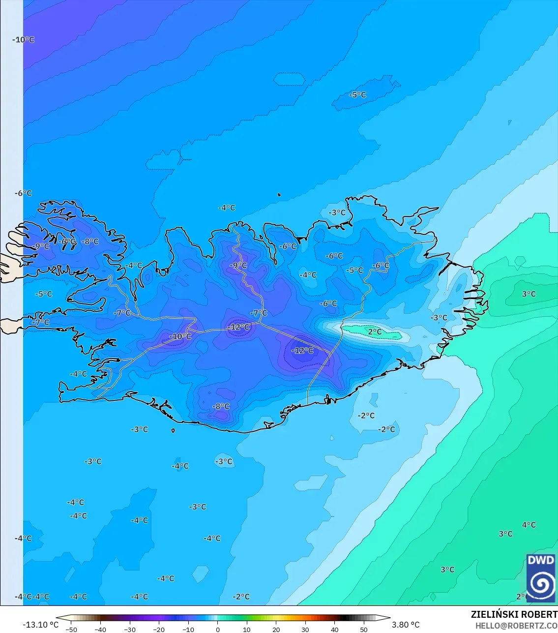 ICON modelo - Islândia, Temperatura a 850 hPa