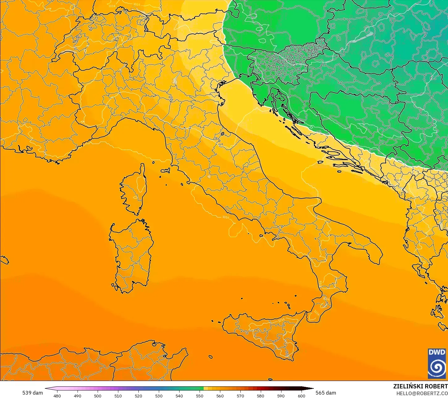 ICON modelo - Itália, Altura geopotencial a 500 hPa
