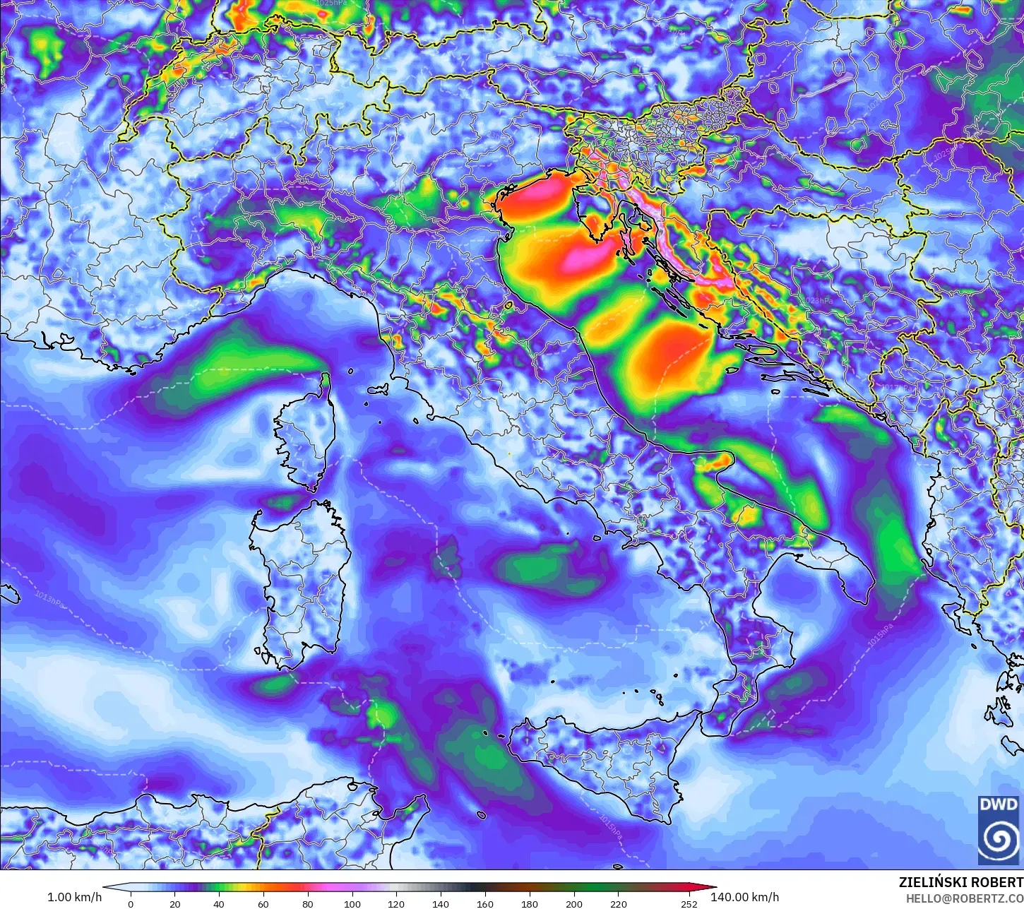 ICON modelo - Itália, Rajadas de vento
