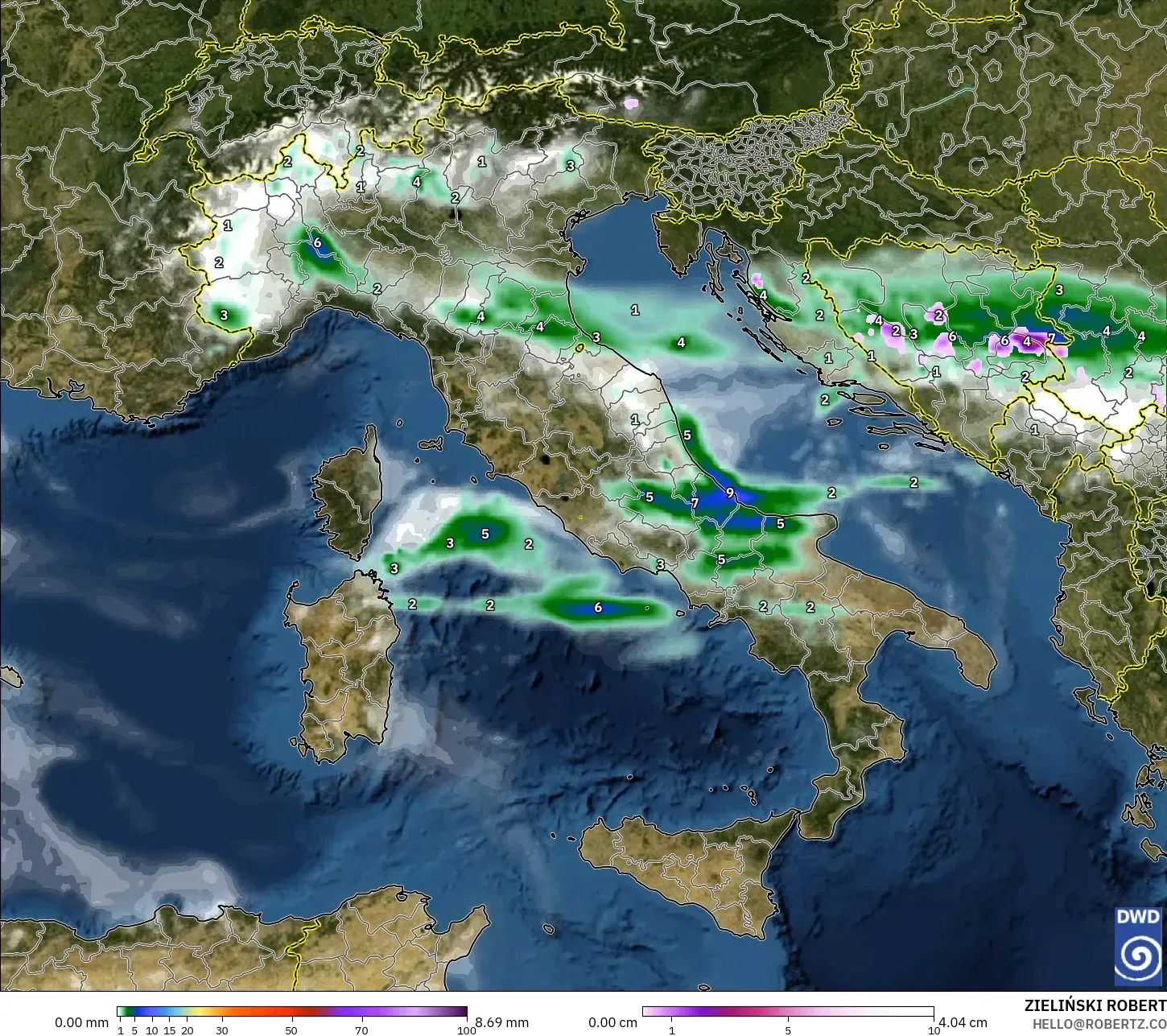 ICON modelo - Itália, Precipitação, nuvens e pressão