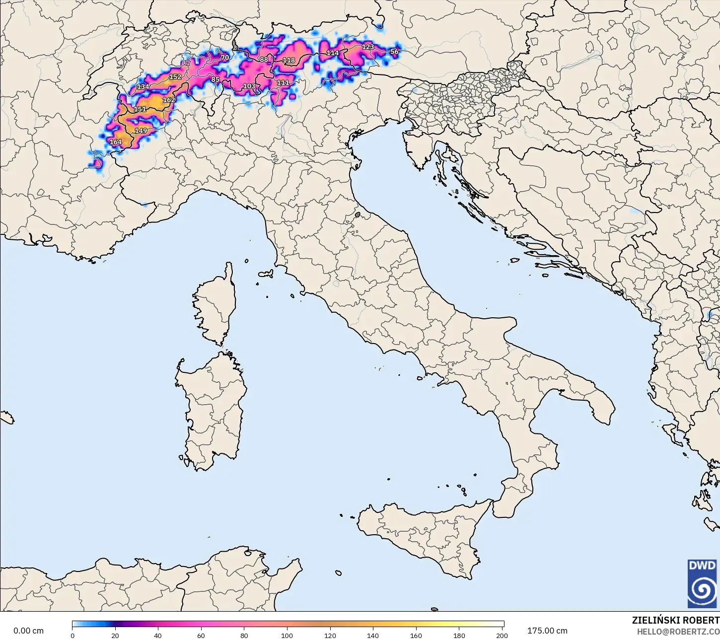 ICON modelo - Itália, Profundidade da neve