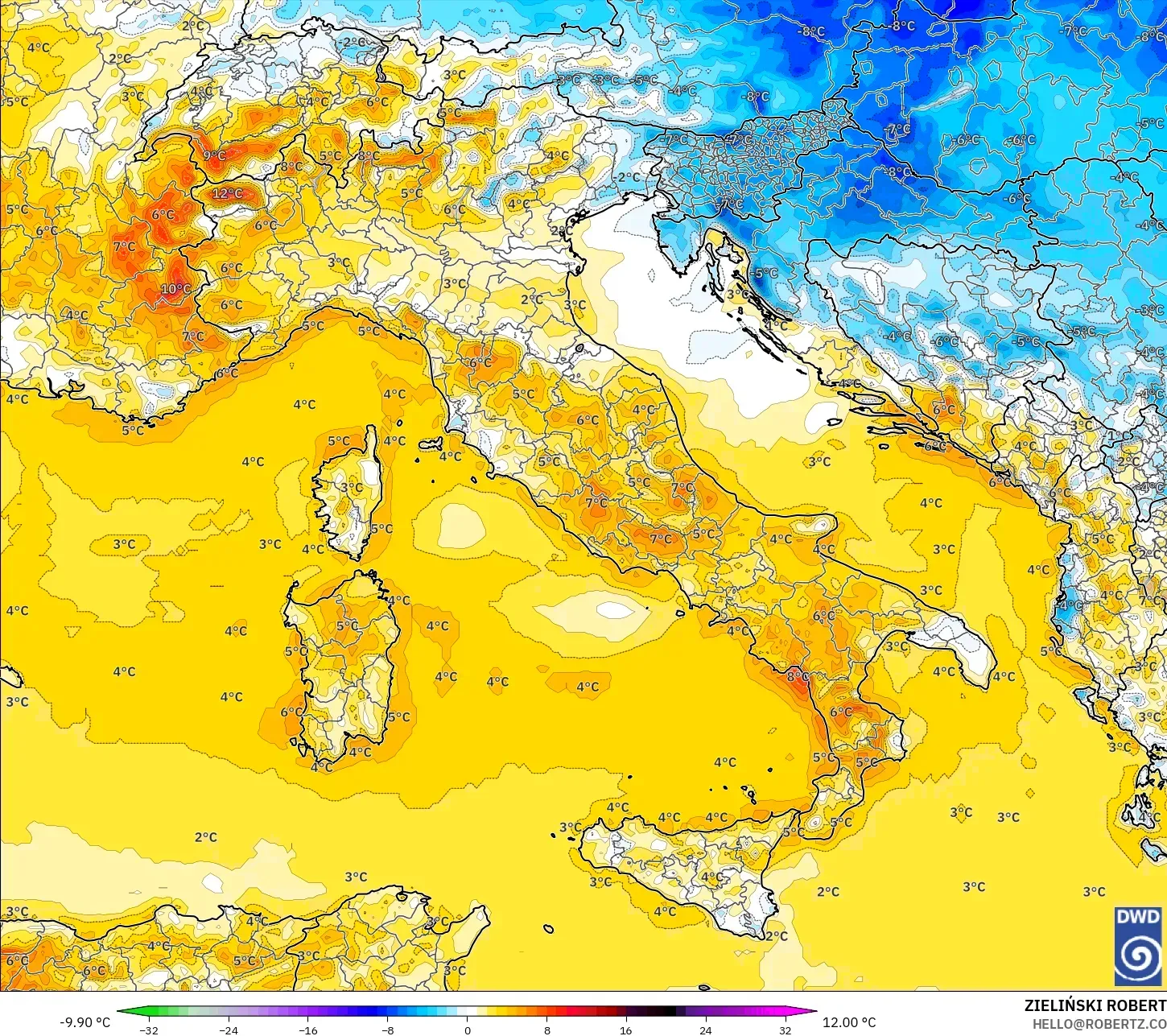 ICON modelo - Itália, Anomalia de temperatura a 2 m