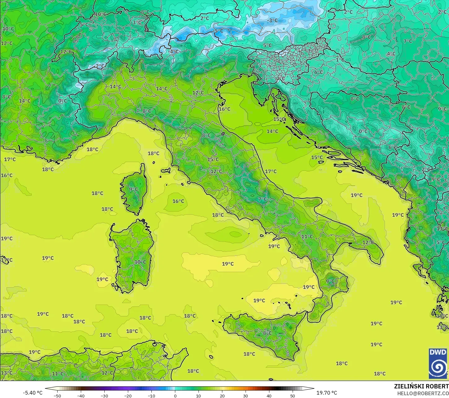 ICON modelo - Itália, Temperatura a 2 m