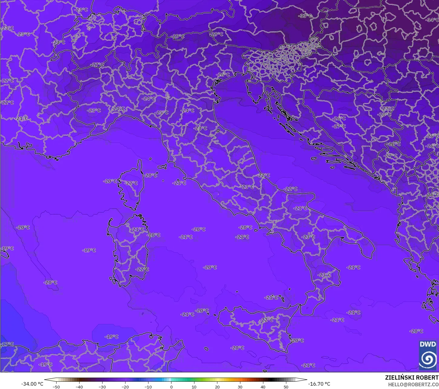 ICON modelo - Itália, Temperatura a 500 hPa
