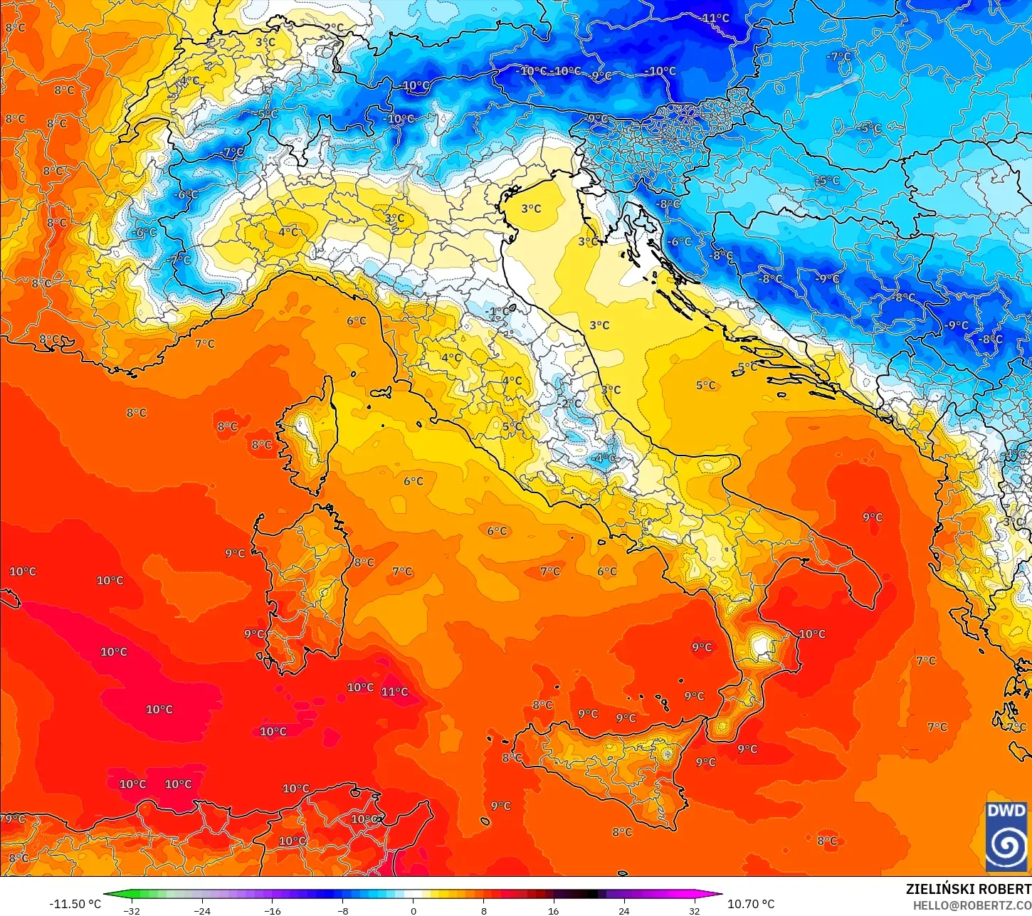 ICON modelo - Itália, Anomalia de temperatura a 850 hPa