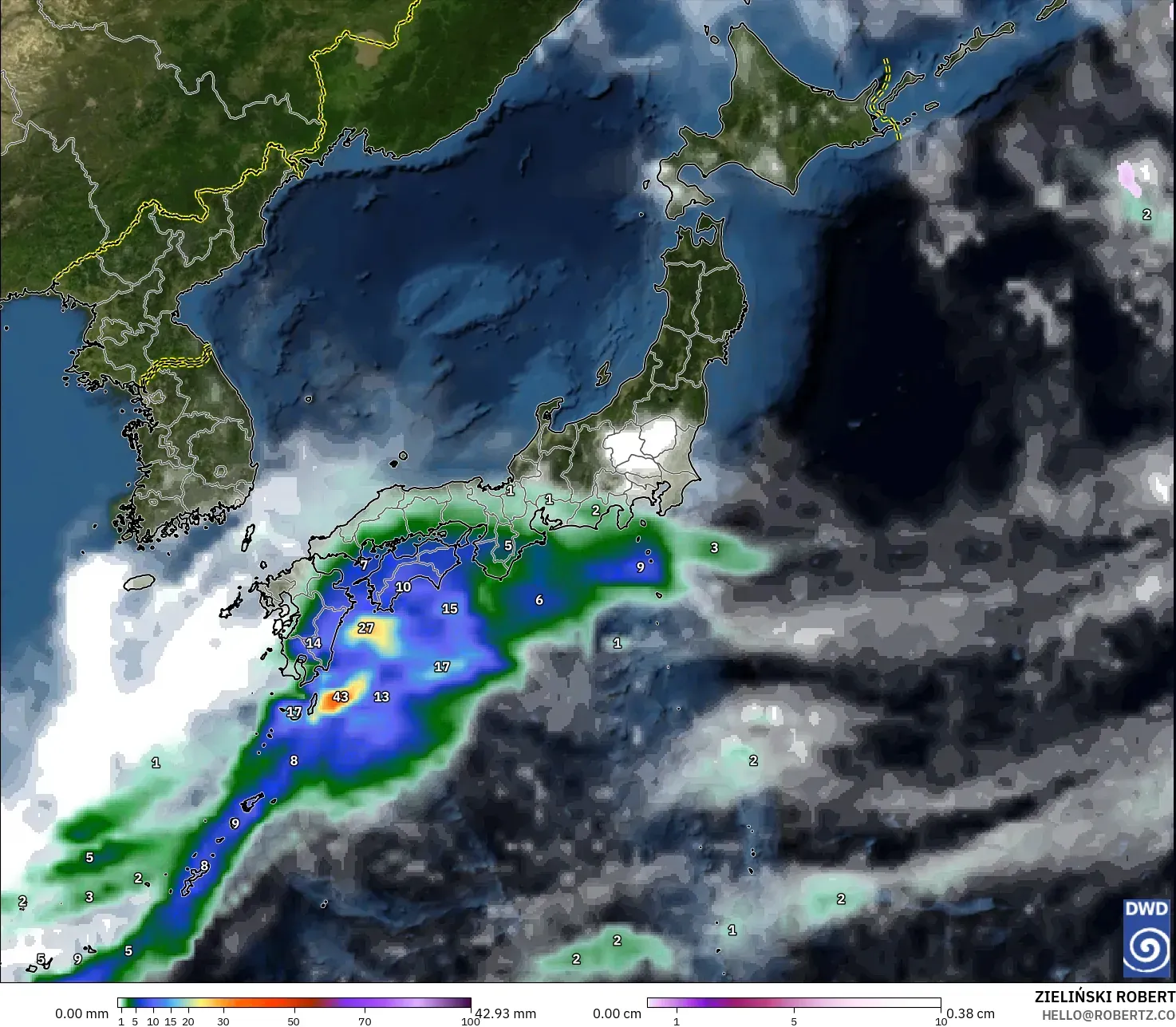 ICON modelo - Japão, Precipitação, nuvens e pressão