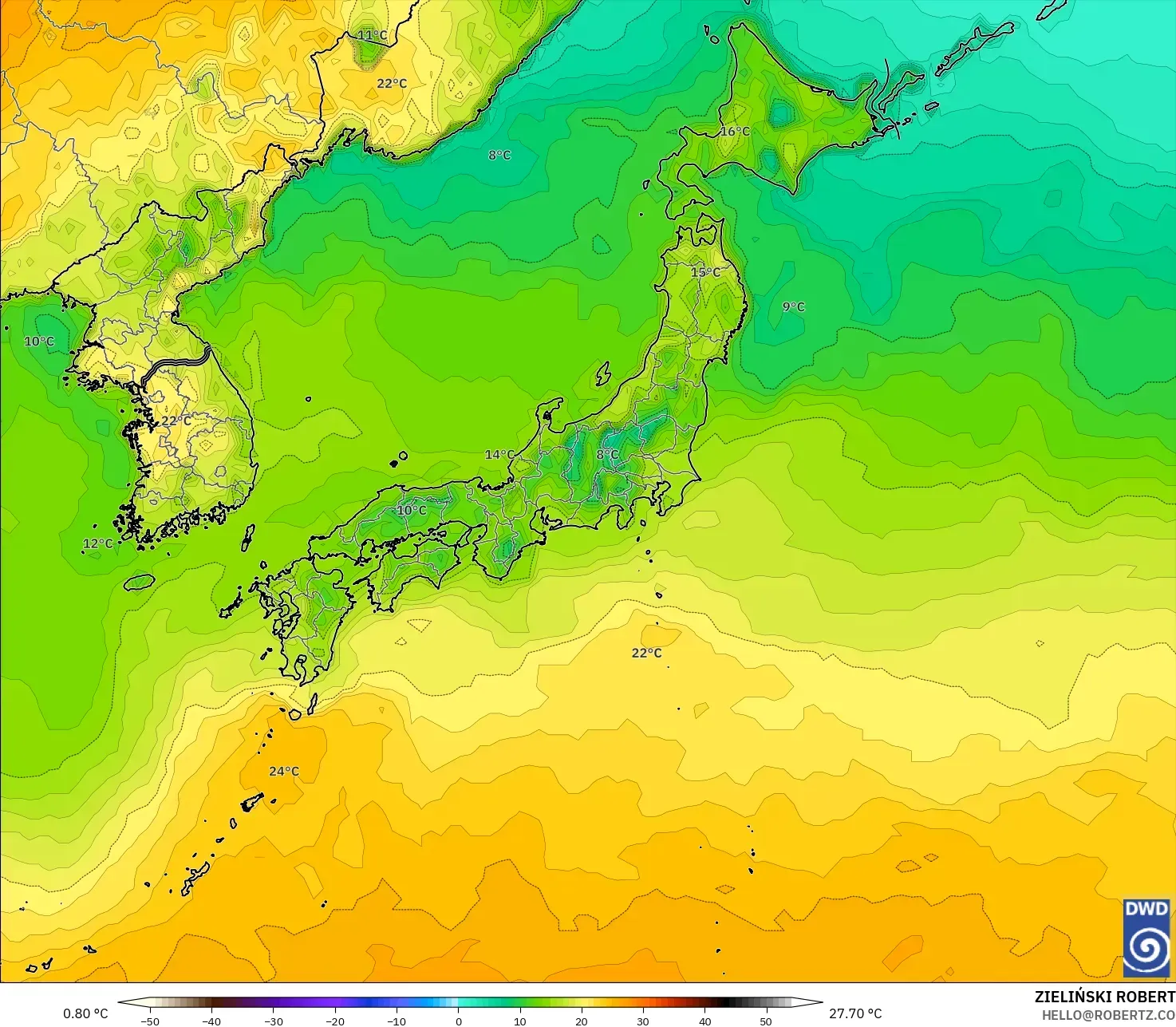 ICON modelo - Japão, Temperatura a 2 m