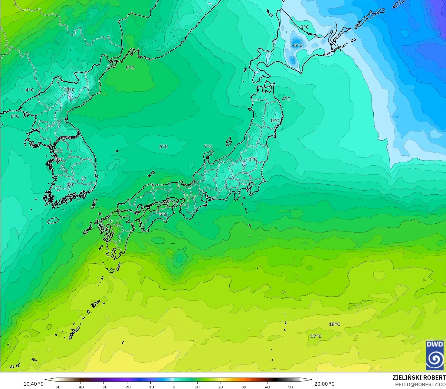 ICON modelo - Japão, Temperatura a 850 hPa
