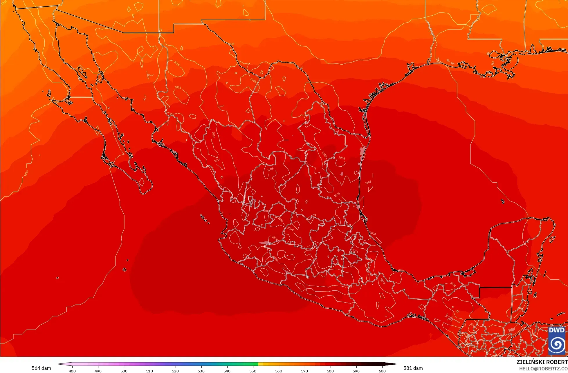 ICON modelo - México, Altura geopotencial a 500 hPa