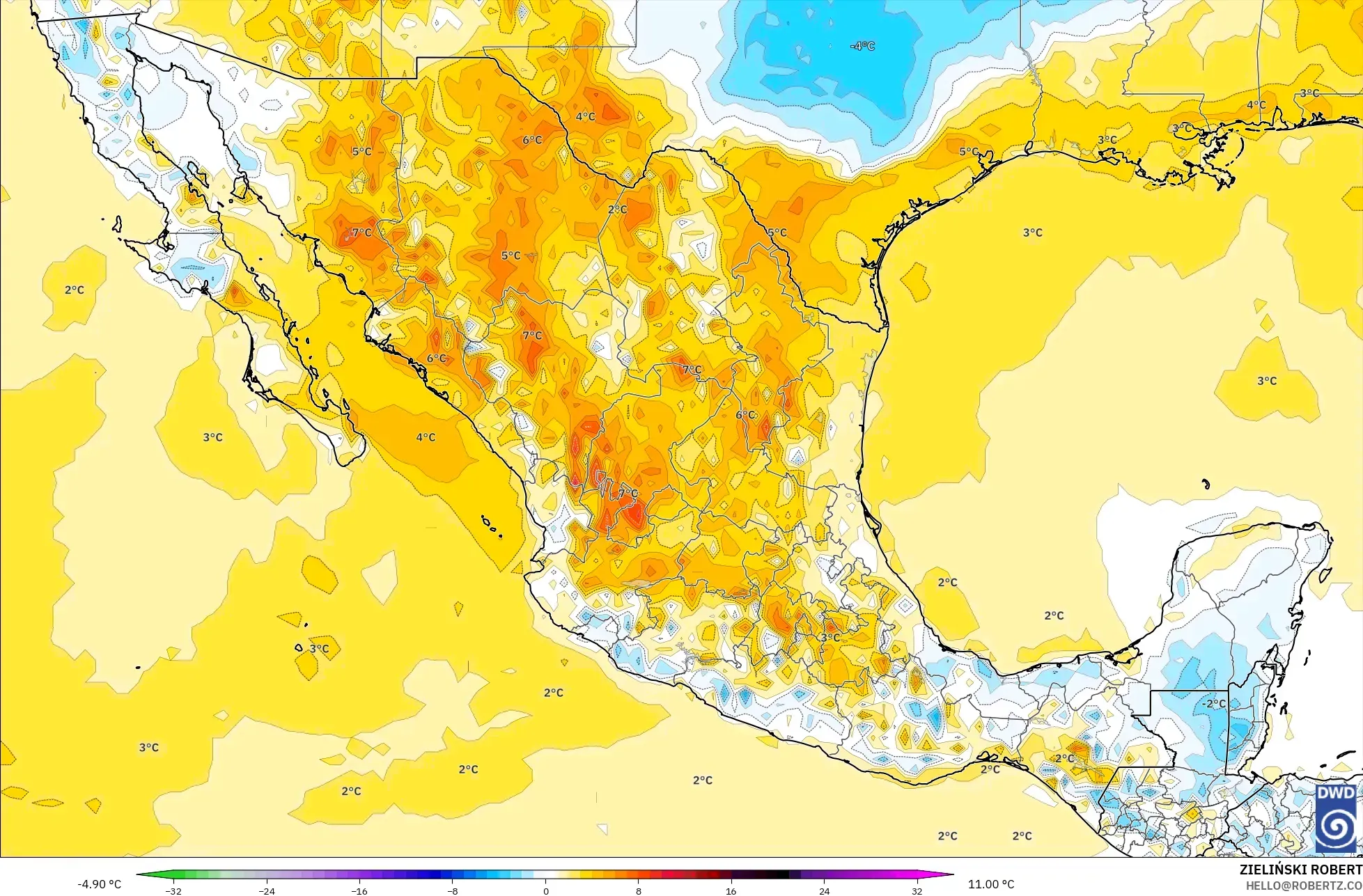 ICON modelo - México, Anomalia de temperatura a 2 m