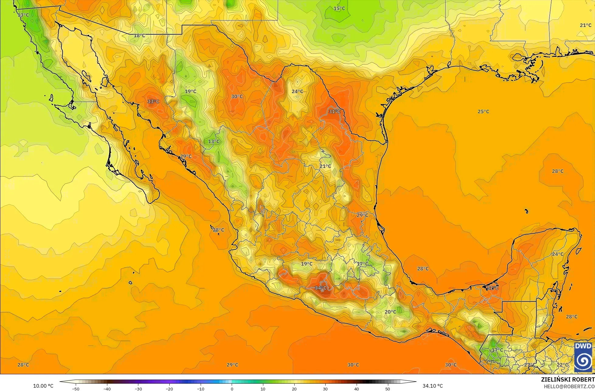 ICON modelo - México, Temperatura a 2 m
