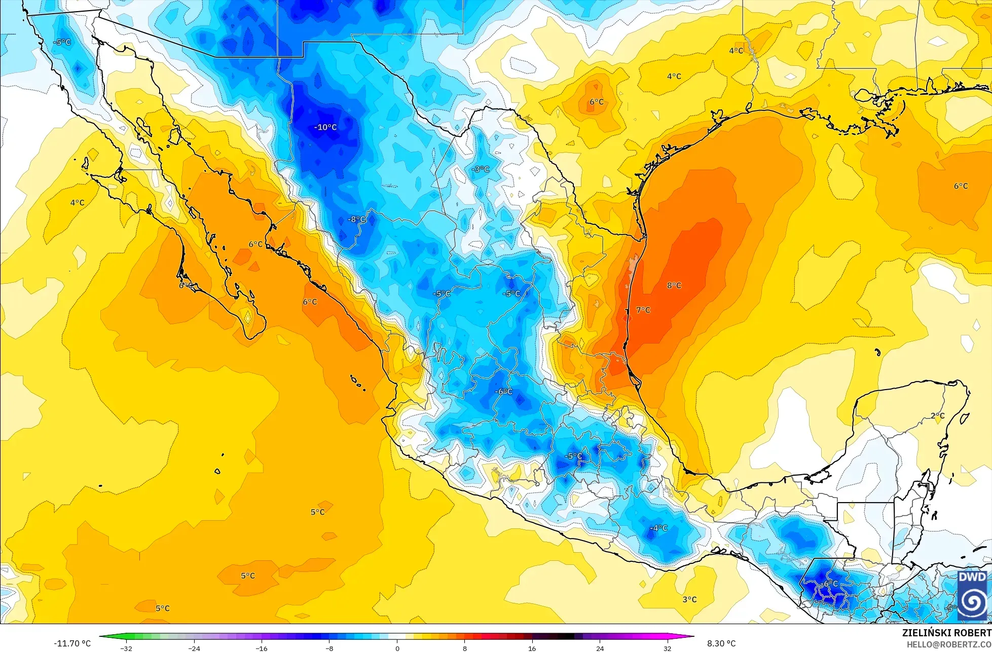 ICON modelo - México, Anomalia de temperatura a 850 hPa