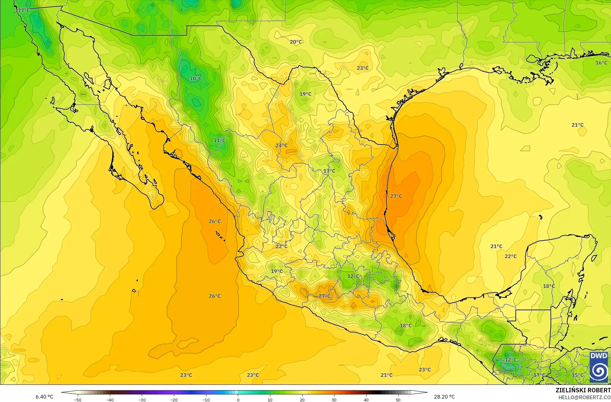 ICON modelo - México, Temperatura a 850 hPa