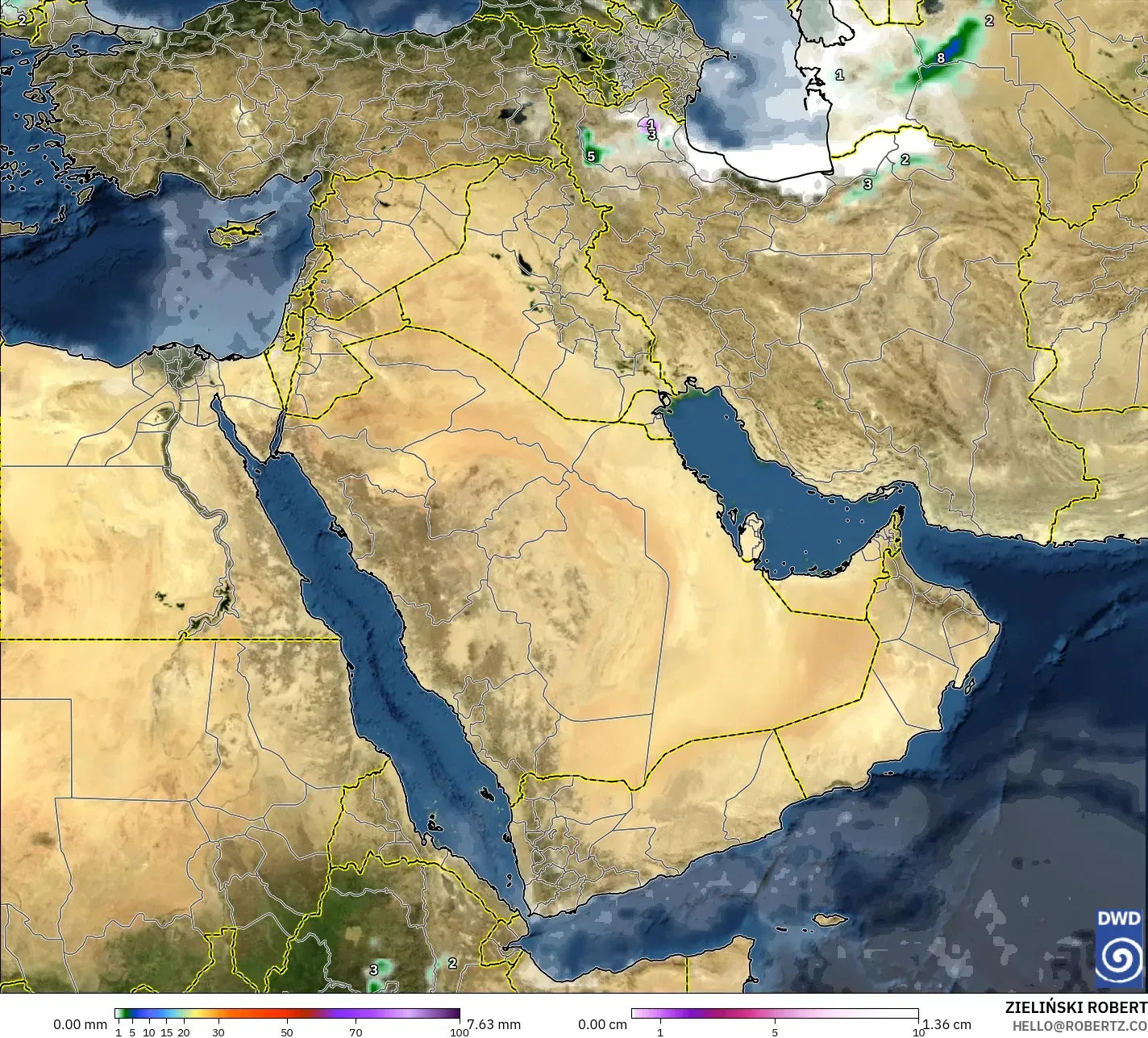 ICON modelo - Oriente Médio, Precipitação, nuvens e pressão