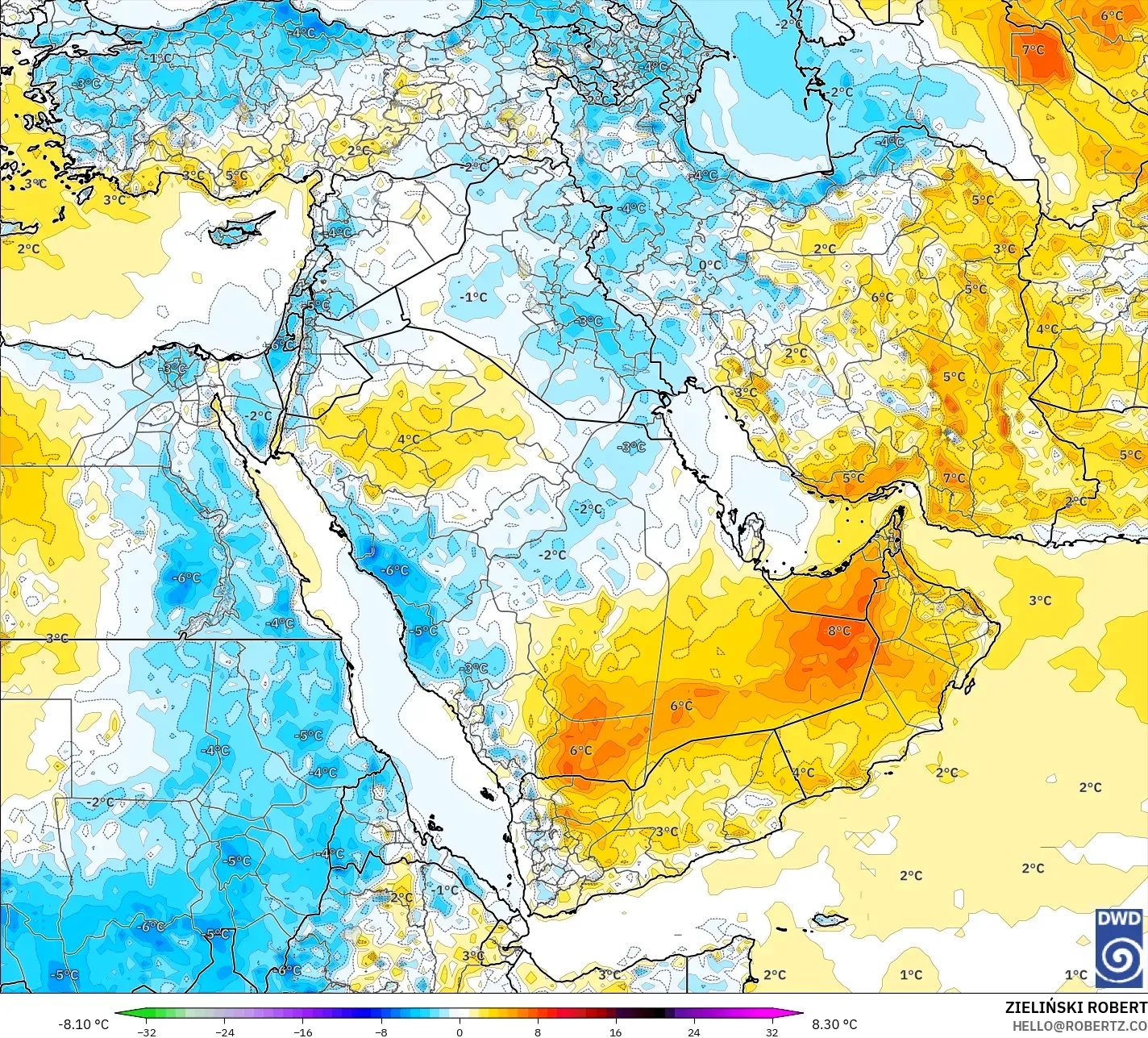 ICON modelo - Oriente Médio, Anomalia de temperatura a 2 m