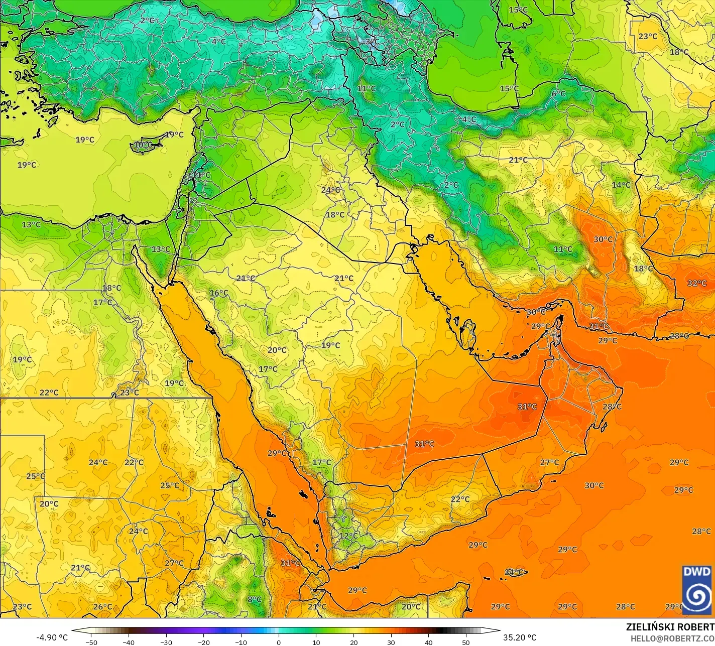ICON modelo - Oriente Médio, Temperatura a 2 m
