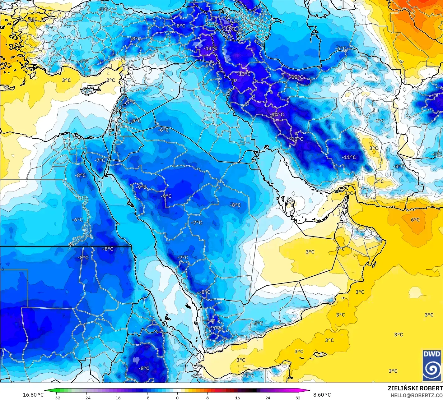 ICON modelo - Oriente Médio, Anomalia de temperatura a 850 hPa
