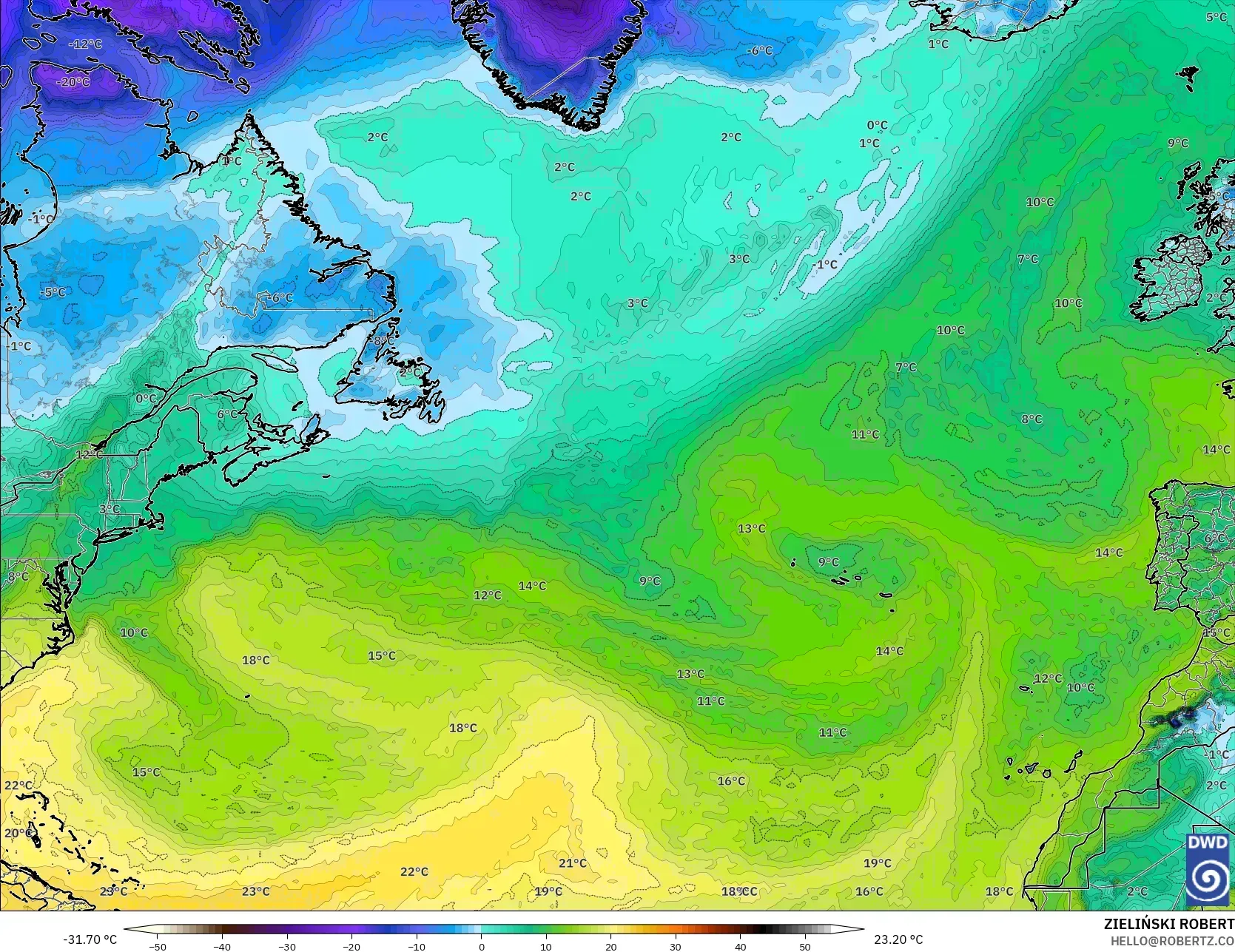 ICON modelo - Atlântico Norte, Ponto de orvalho a 2 m