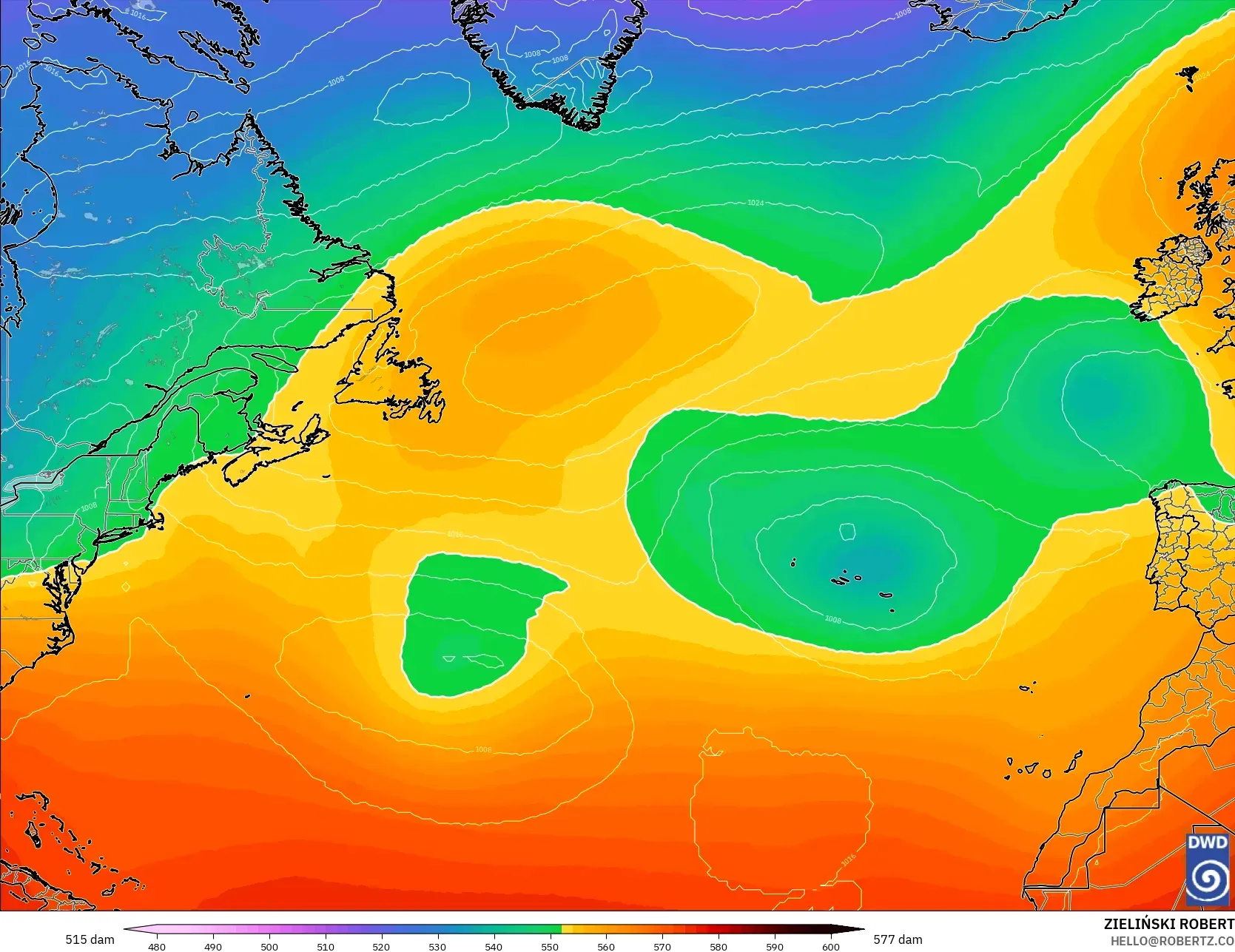 ICON modelo - Atlântico Norte, Altura geopotencial a 500 hPa