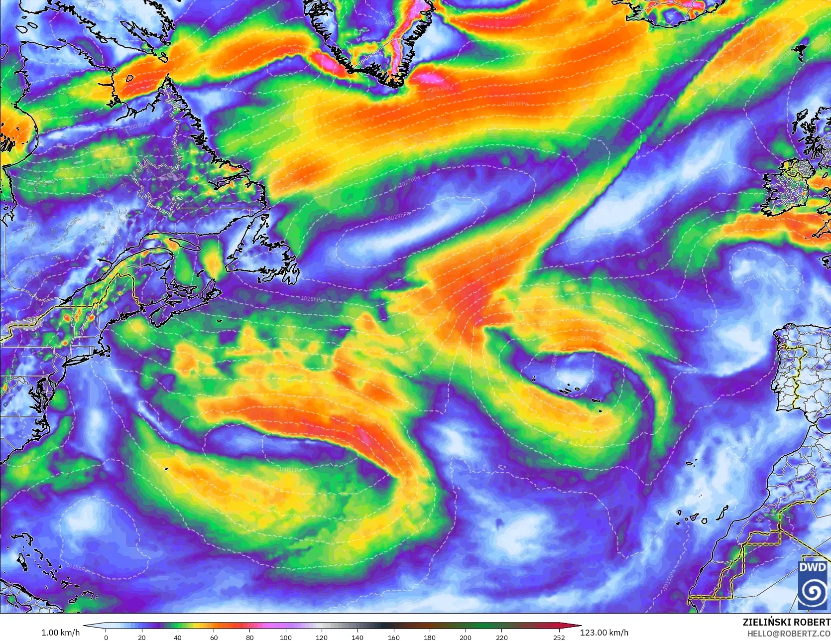 ICON modelo - Atlântico Norte, Rajadas de vento