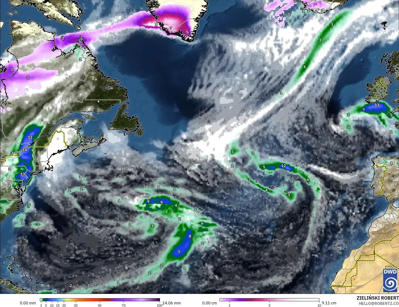ICON modelo - Atlântico Norte, Precipitação, nuvens e pressão