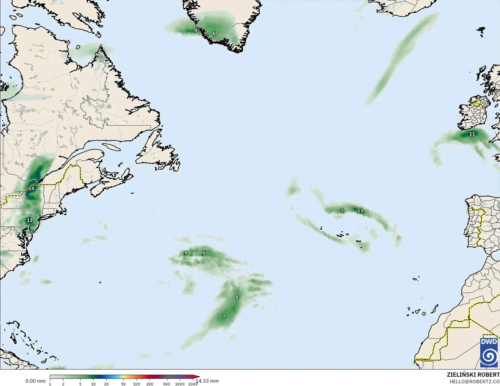 ICON modelo - Atlântico Norte, Acúmulo de precipitação