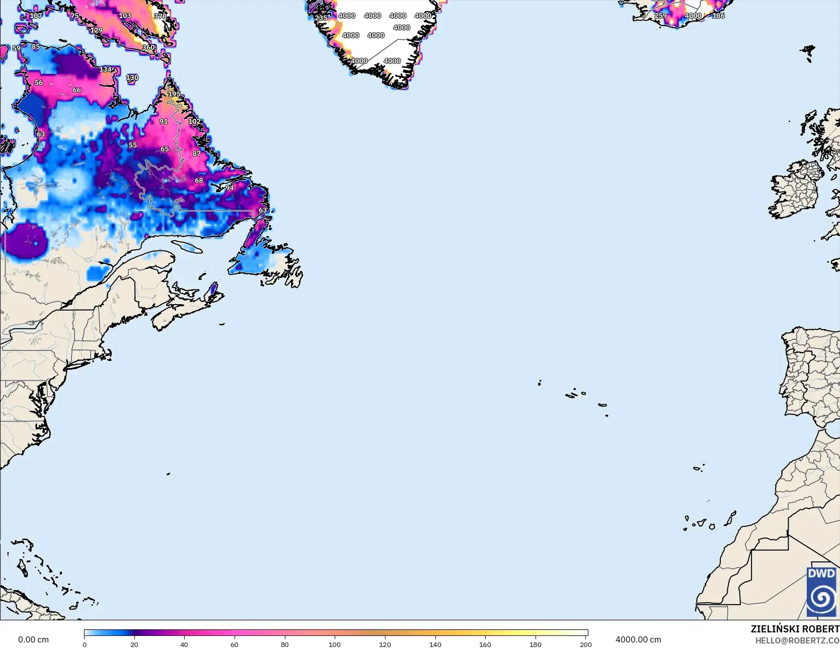 ICON modelo - Atlântico Norte, Profundidade da neve
