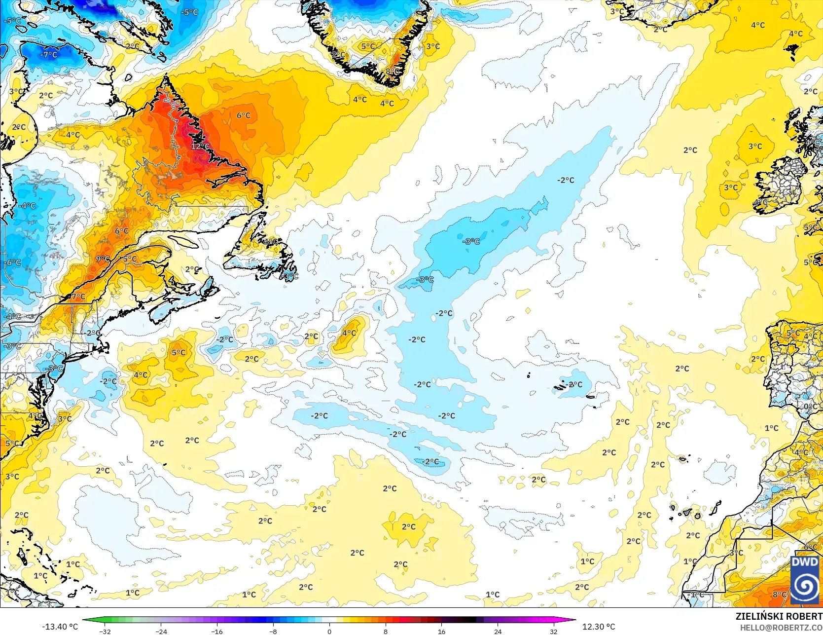 ICON modelo - Atlântico Norte, Anomalia de temperatura a 2 m