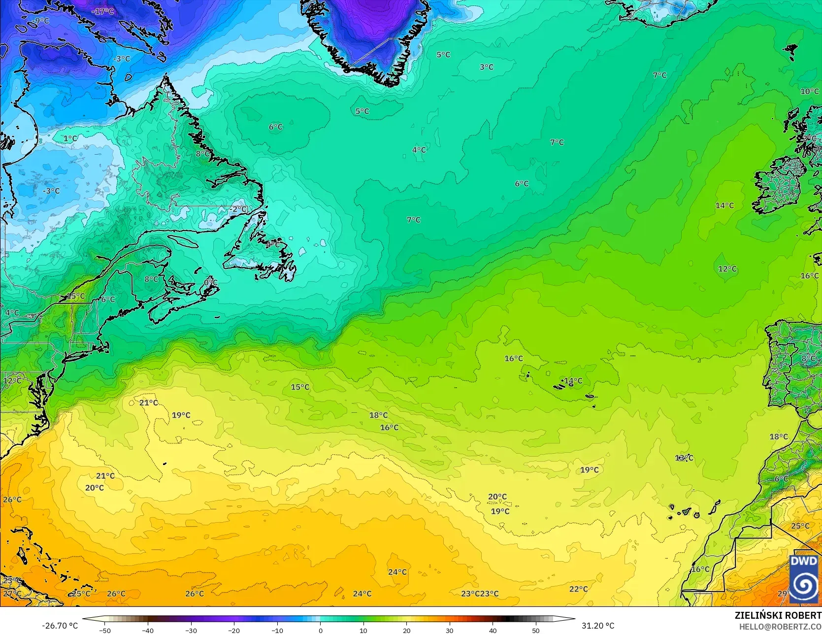 ICON modelo - Atlântico Norte, Temperatura a 2 m