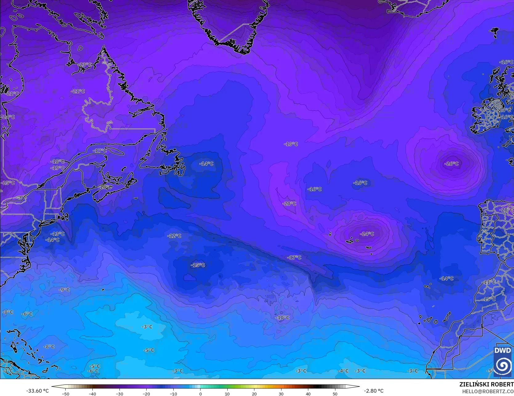 ICON modelo - Atlântico Norte, Temperatura a 500 hPa