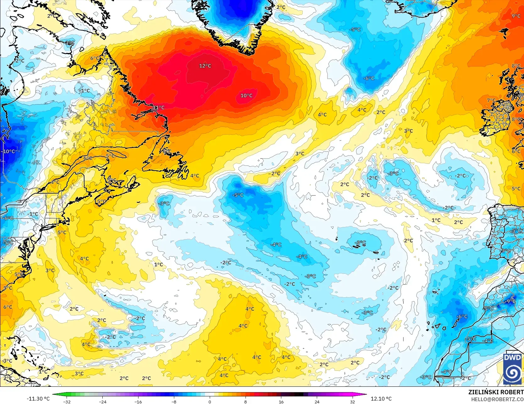 ICON modelo - Atlântico Norte, Anomalia de temperatura a 850 hPa