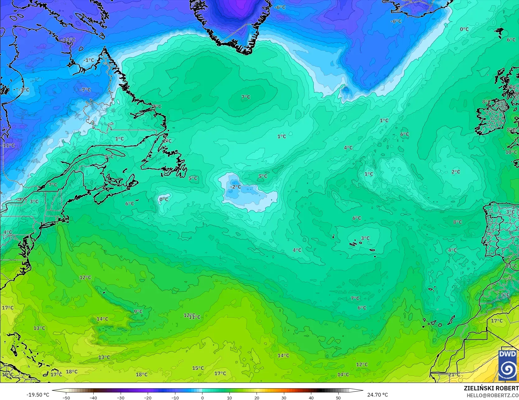 ICON modelo - Atlântico Norte, Temperatura a 850 hPa