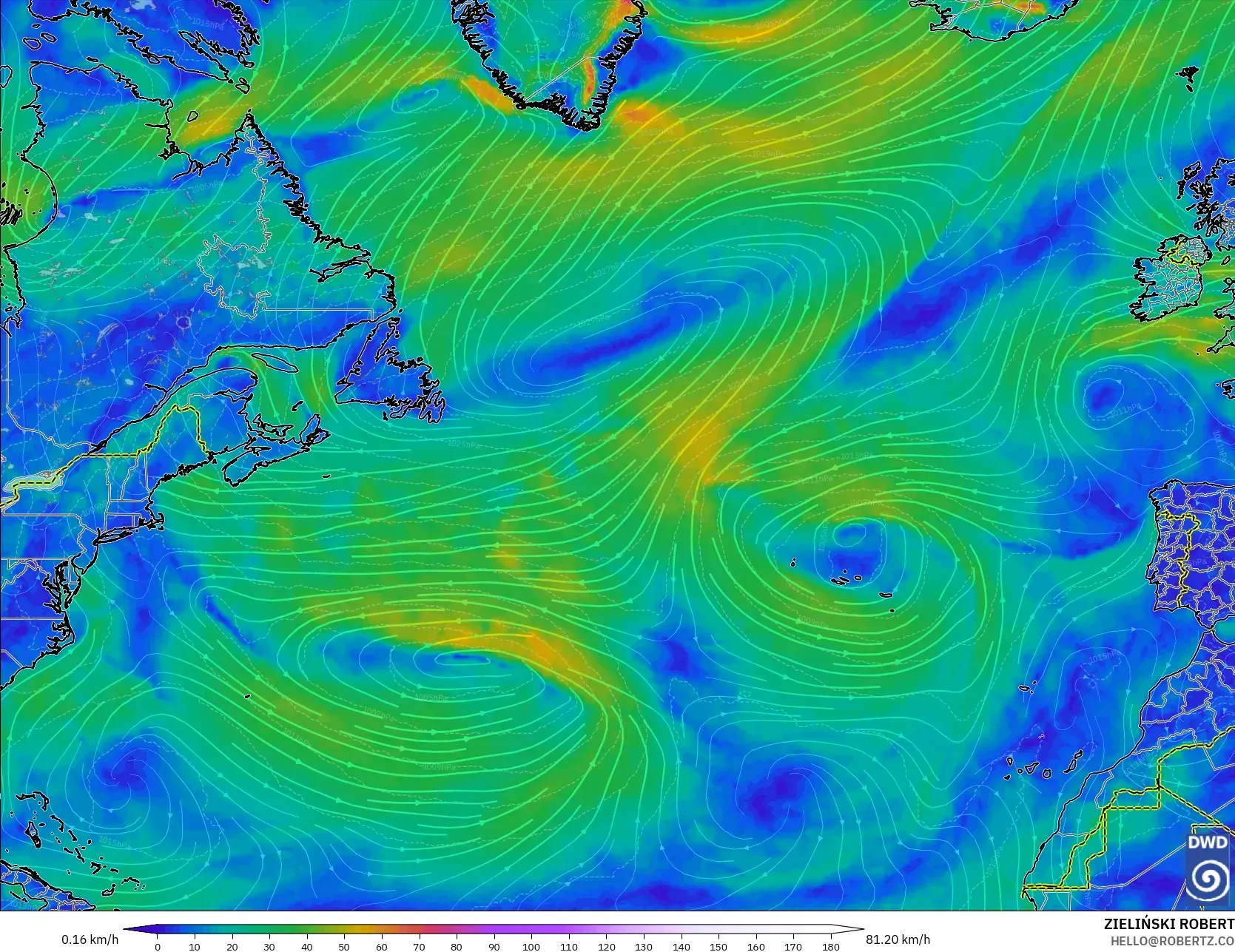 ICON modelo - Atlântico Norte, Vento a 10 m