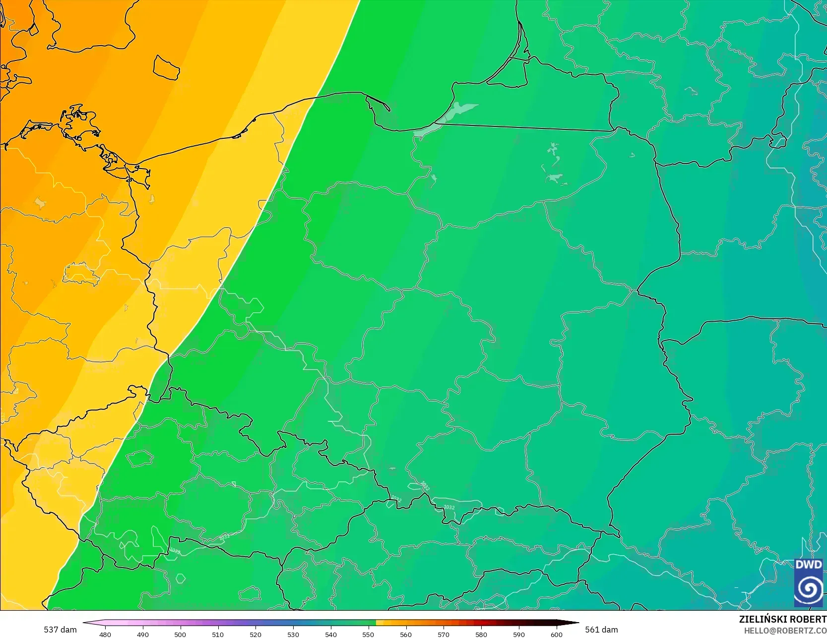 ICON modelo - Polônia, Altura geopotencial a 500 hPa