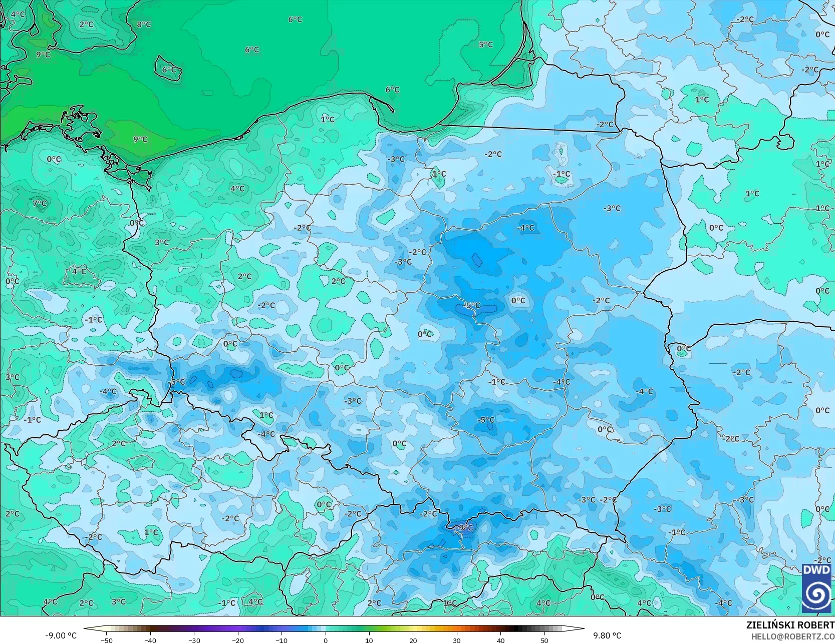 ICON modelo - Polônia, Temperatura a 2 m