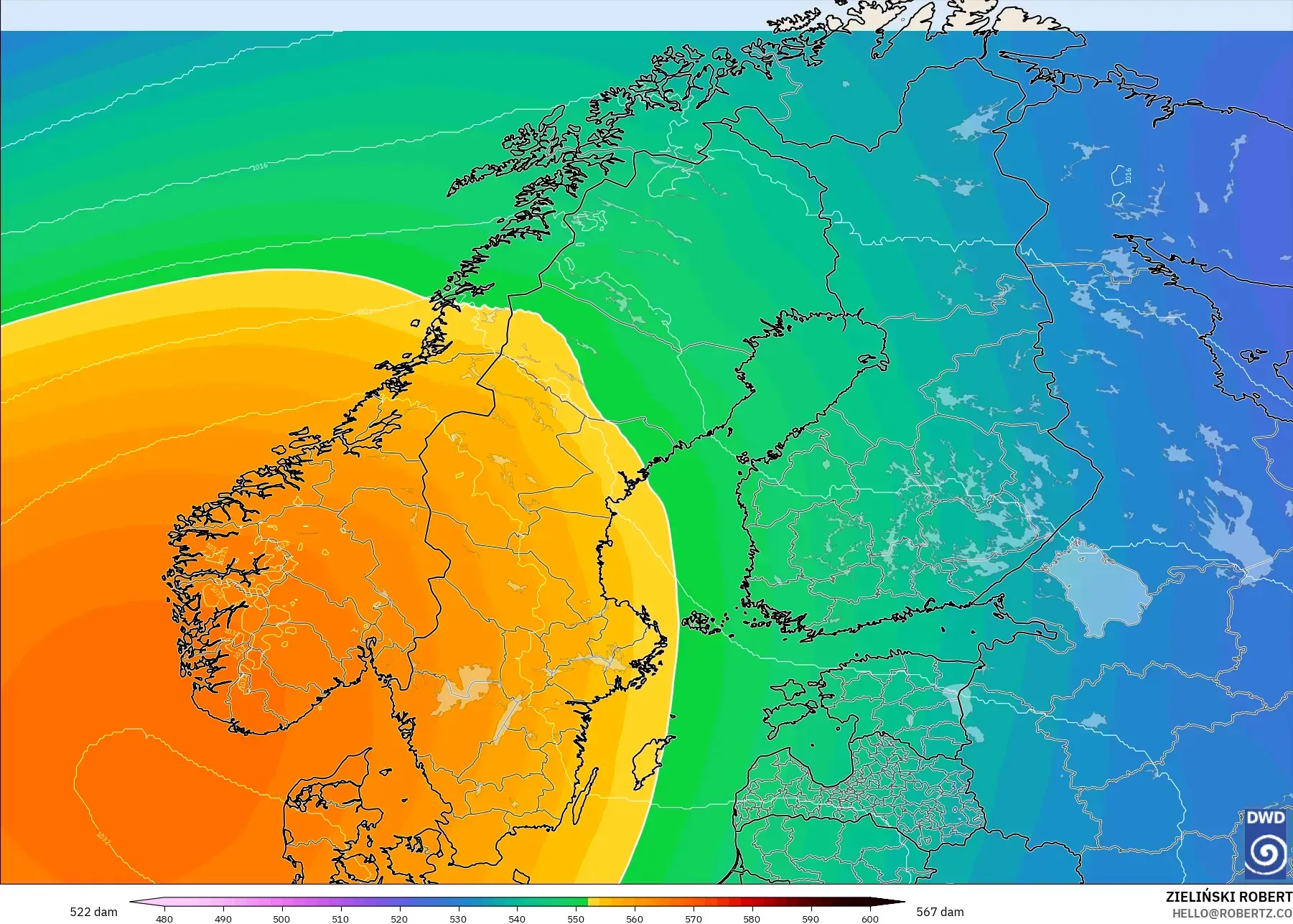ICON modelo - Escandinávia, Altura geopotencial a 500 hPa