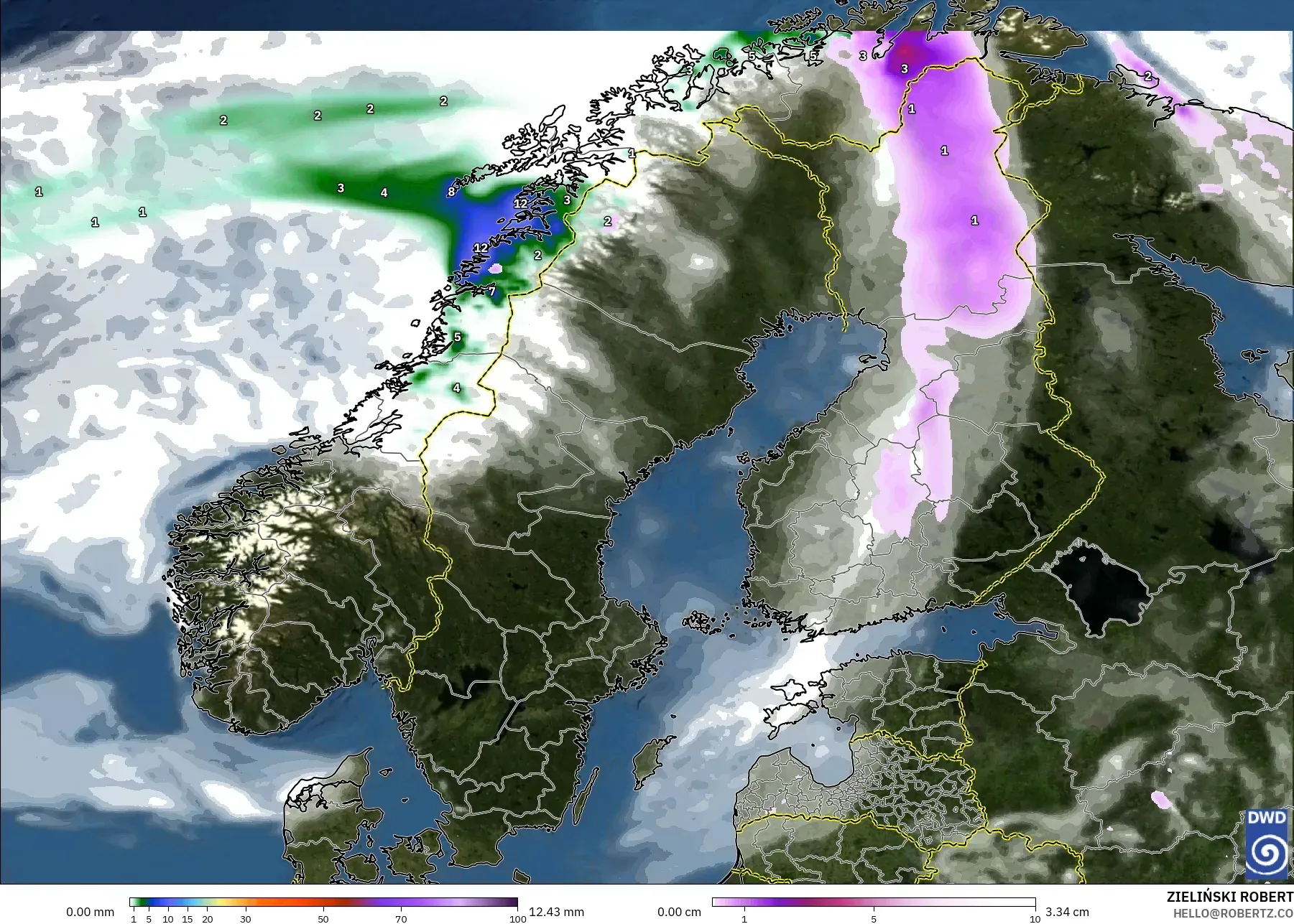 ICON modelo - Escandinávia, Precipitação, nuvens e pressão