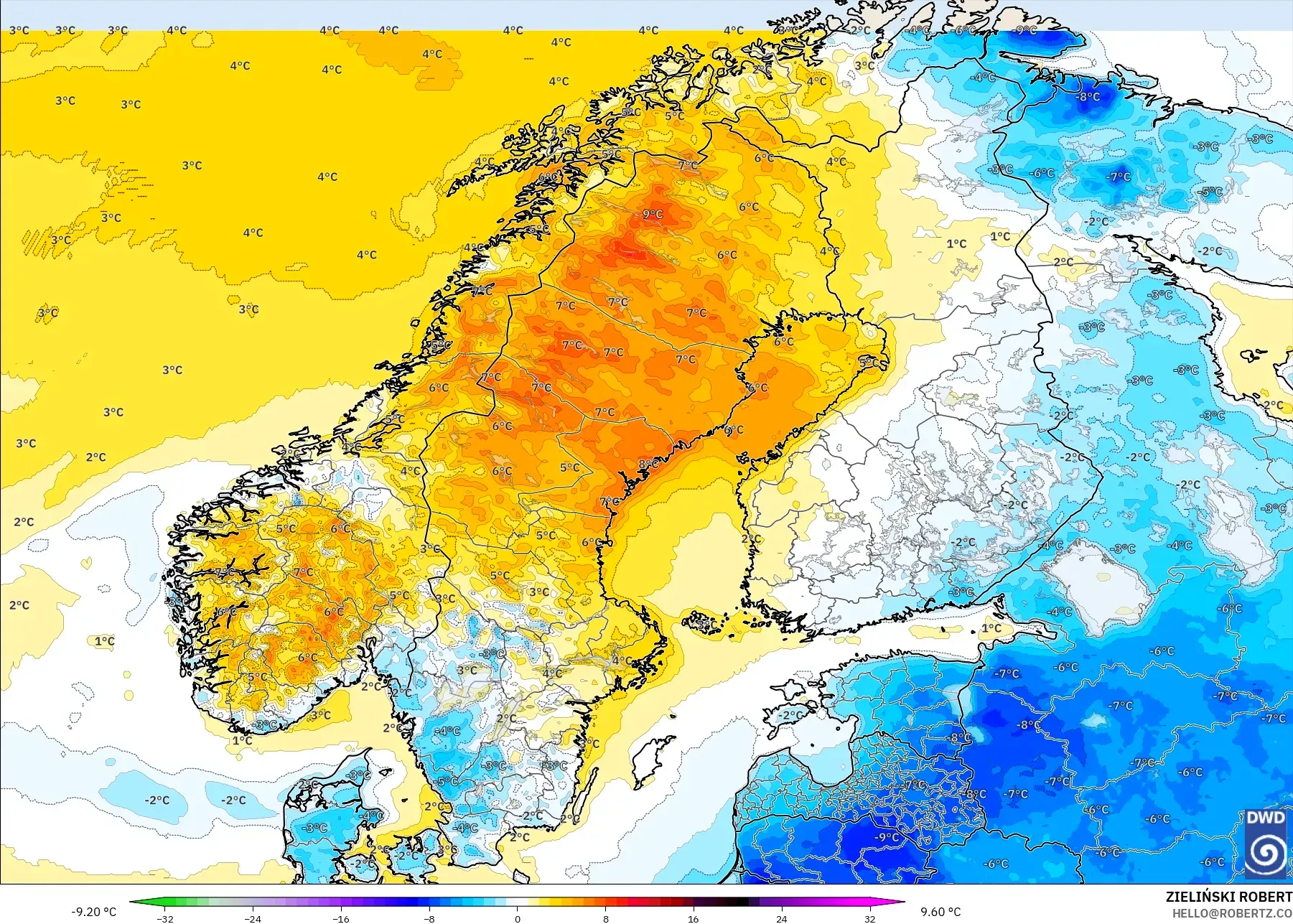 ICON modelo - Escandinávia, Anomalia de temperatura a 2 m