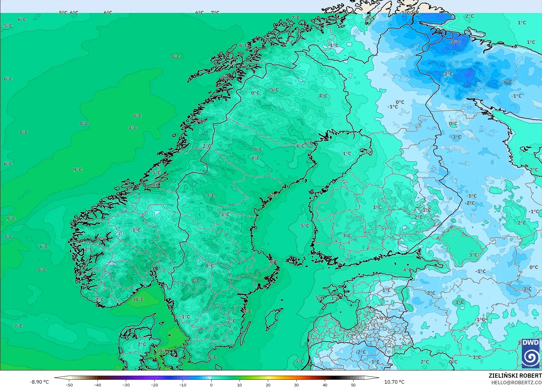 ICON modelo - Escandinávia, Temperatura a 2 m