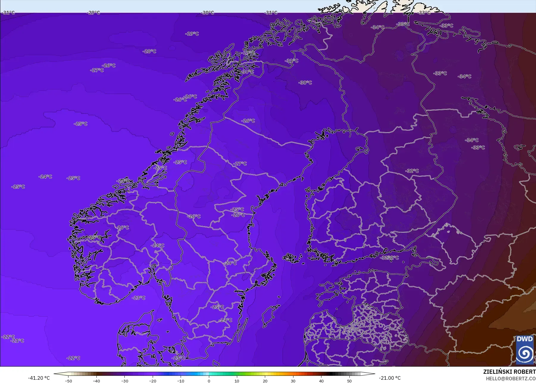 ICON modelo - Escandinávia, Temperatura a 500 hPa