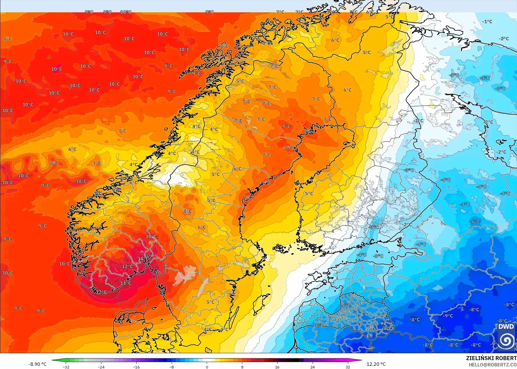 ICON modelo - Escandinávia, Anomalia de temperatura a 850 hPa