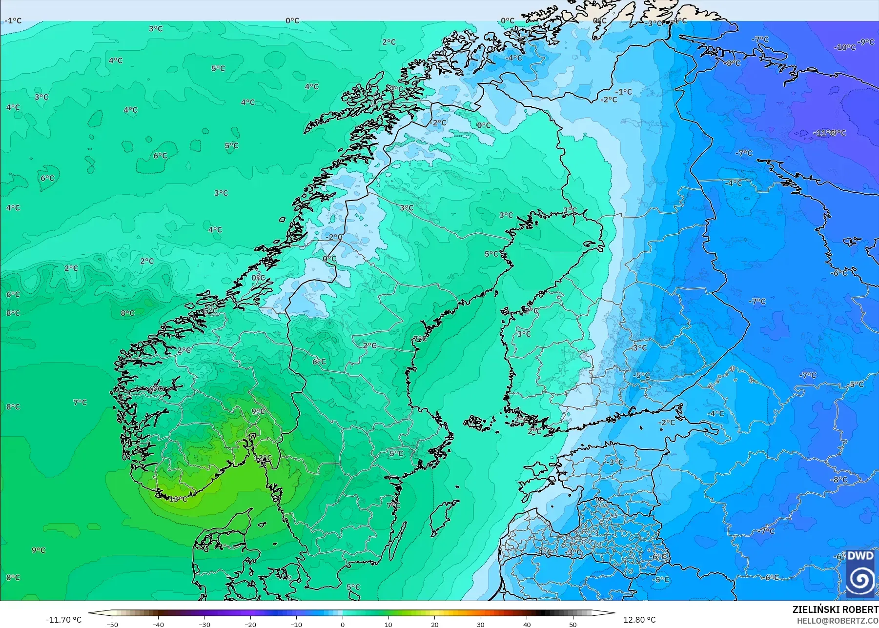 ICON modelo - Escandinávia, Temperatura a 850 hPa