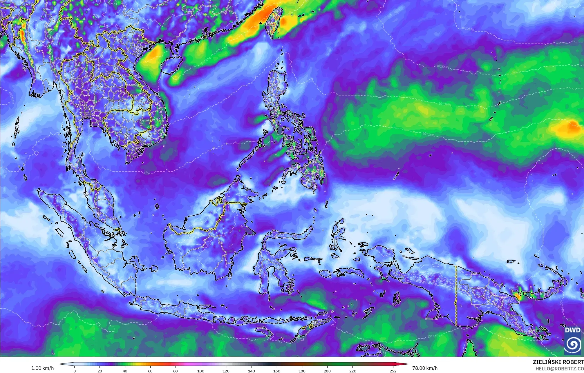 ICON modelo - Sudeste Asiático, Rajadas de vento