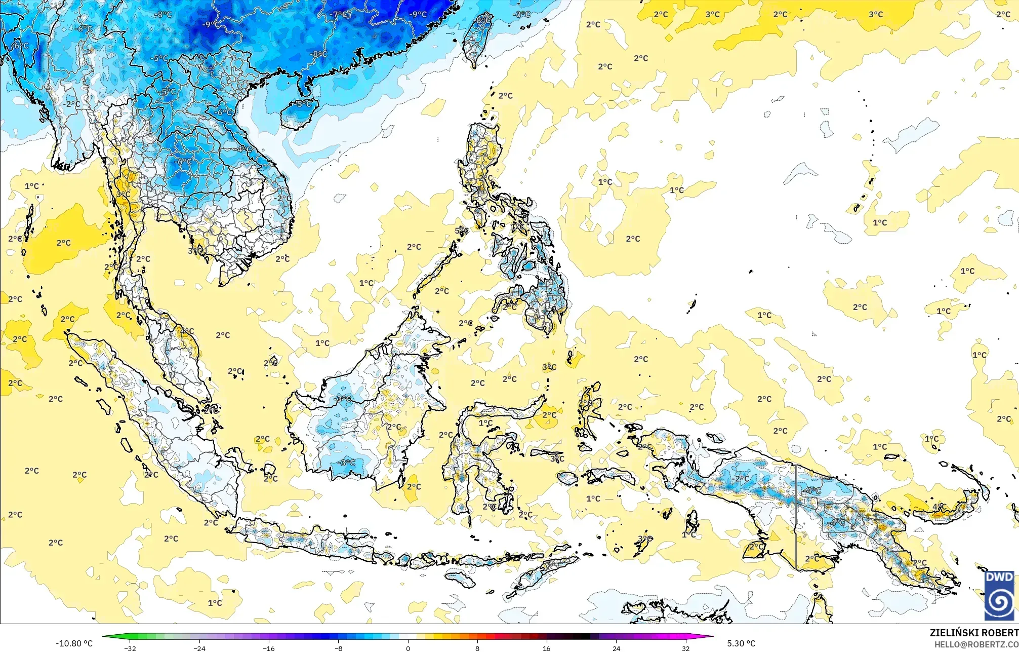 ICON modelo - Sudeste Asiático, Anomalia de temperatura a 2 m
