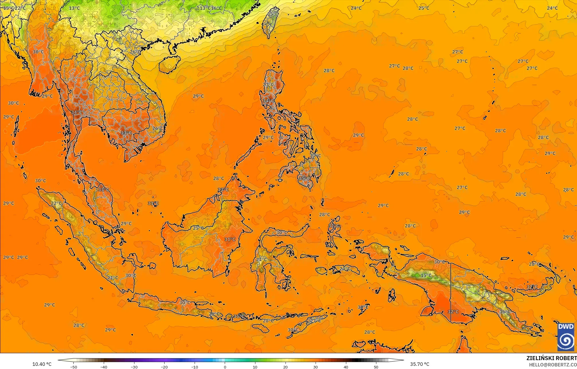 ICON modelo - Sudeste Asiático, Temperatura a 2 m